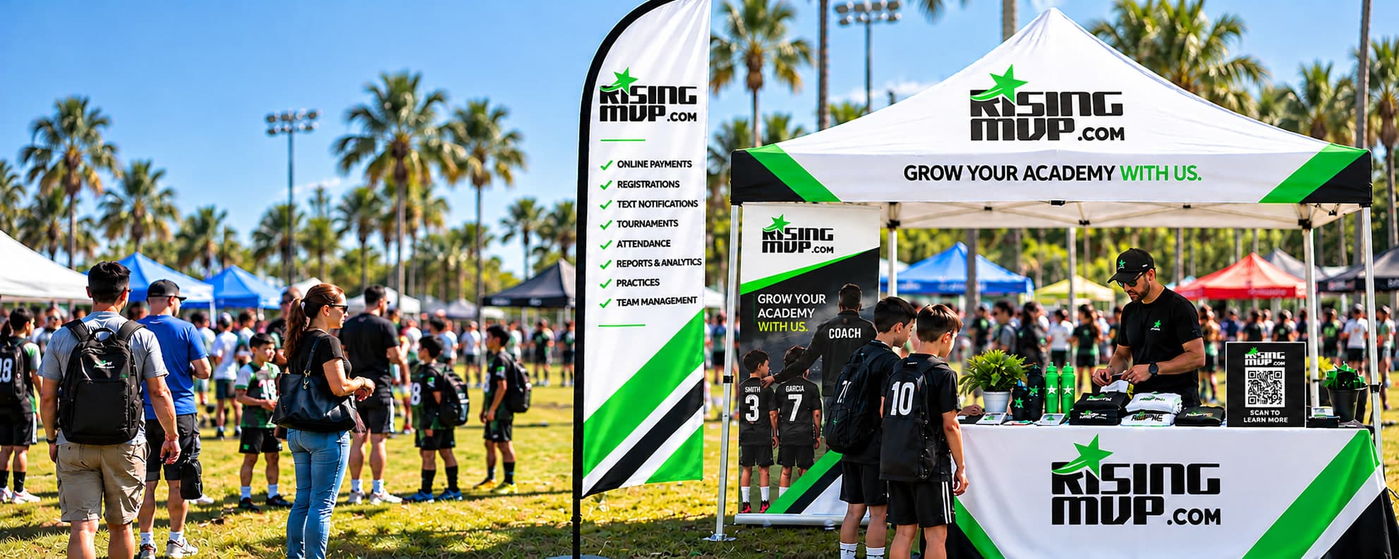 A RisingMVP booth at a youth soccer tournament