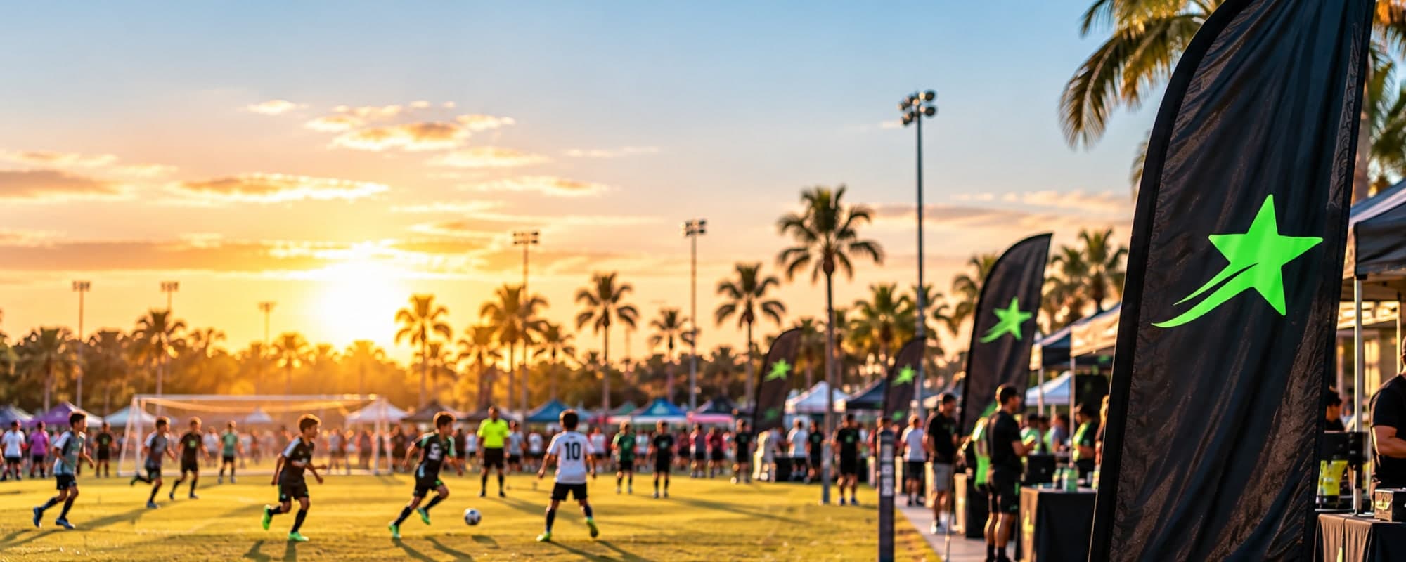 A youth soccer match at sunset, with flags carrying the RisingMVP star beside the field