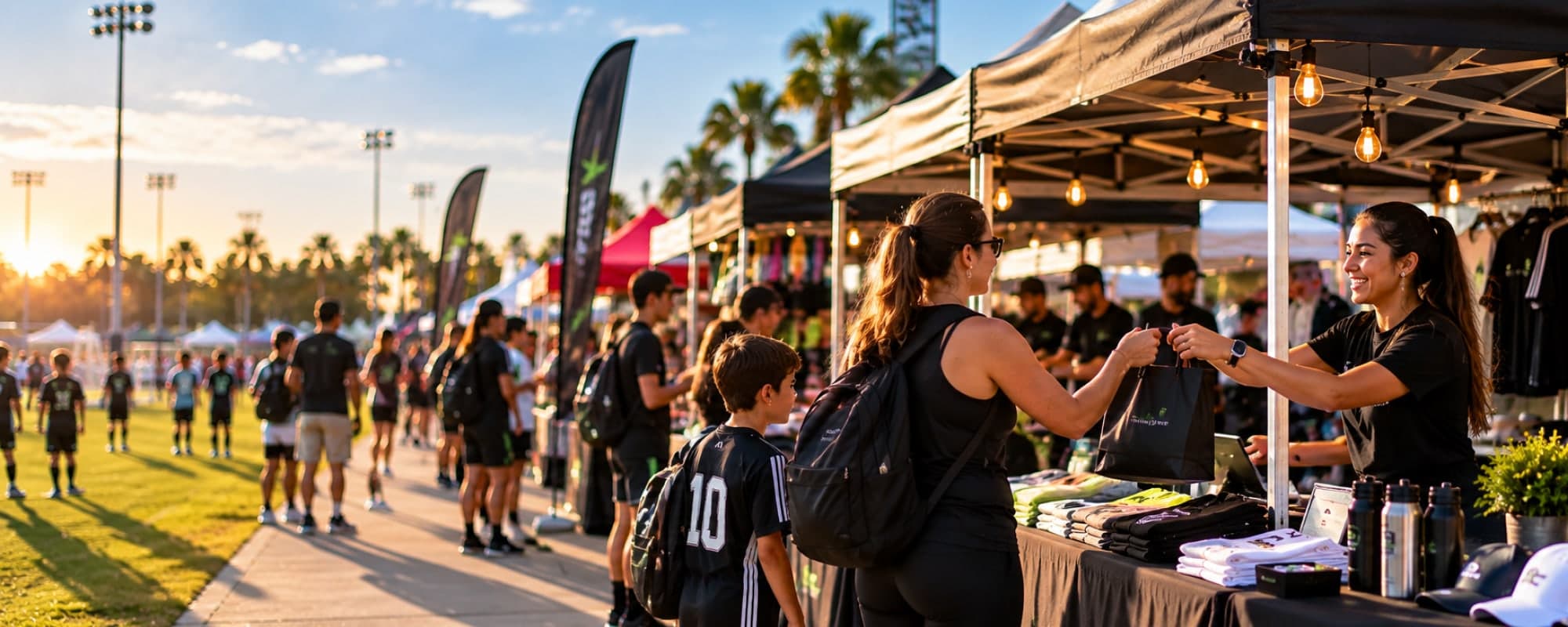 A vendor handing a shopping bag to a mother and her son at a row of booths beside a youth soccer field