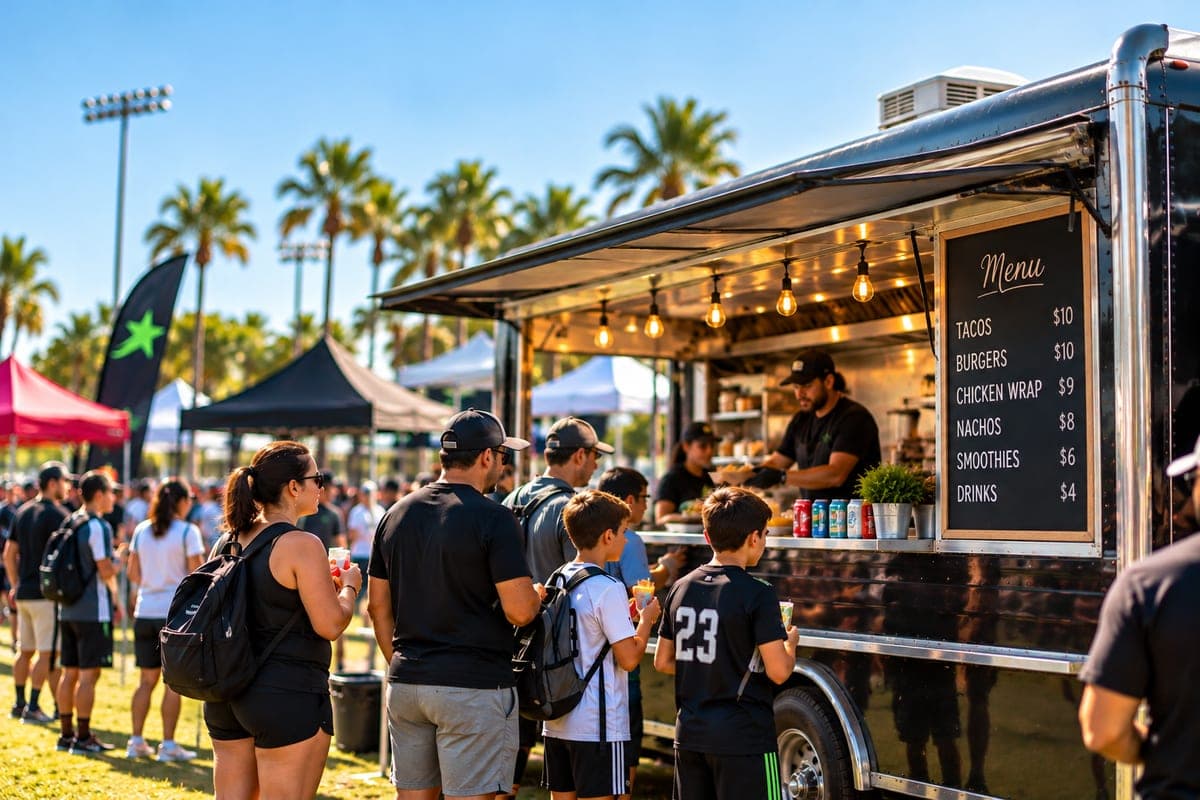Families and young players lined up at a food truck at a youth sports tournament