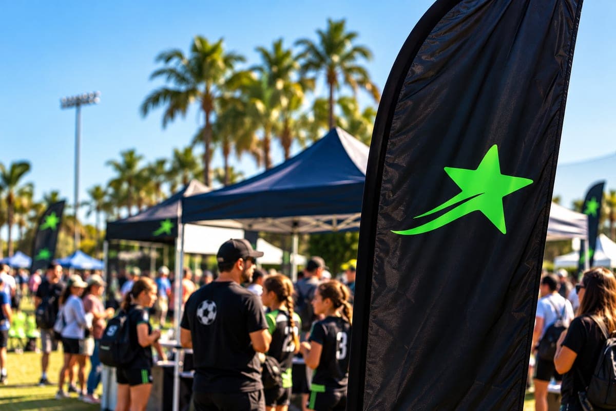 A flag with the RisingMVP star at a youth soccer tournament, with players and families nearby