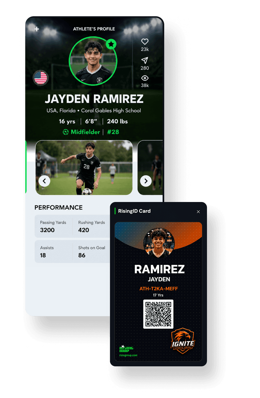 Public athlete profile with saves, shares and profile views