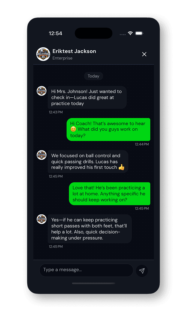In-app team chat and direct messages with coaches
