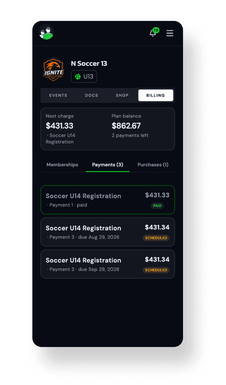 Registration paid in scheduled installments, with receipts