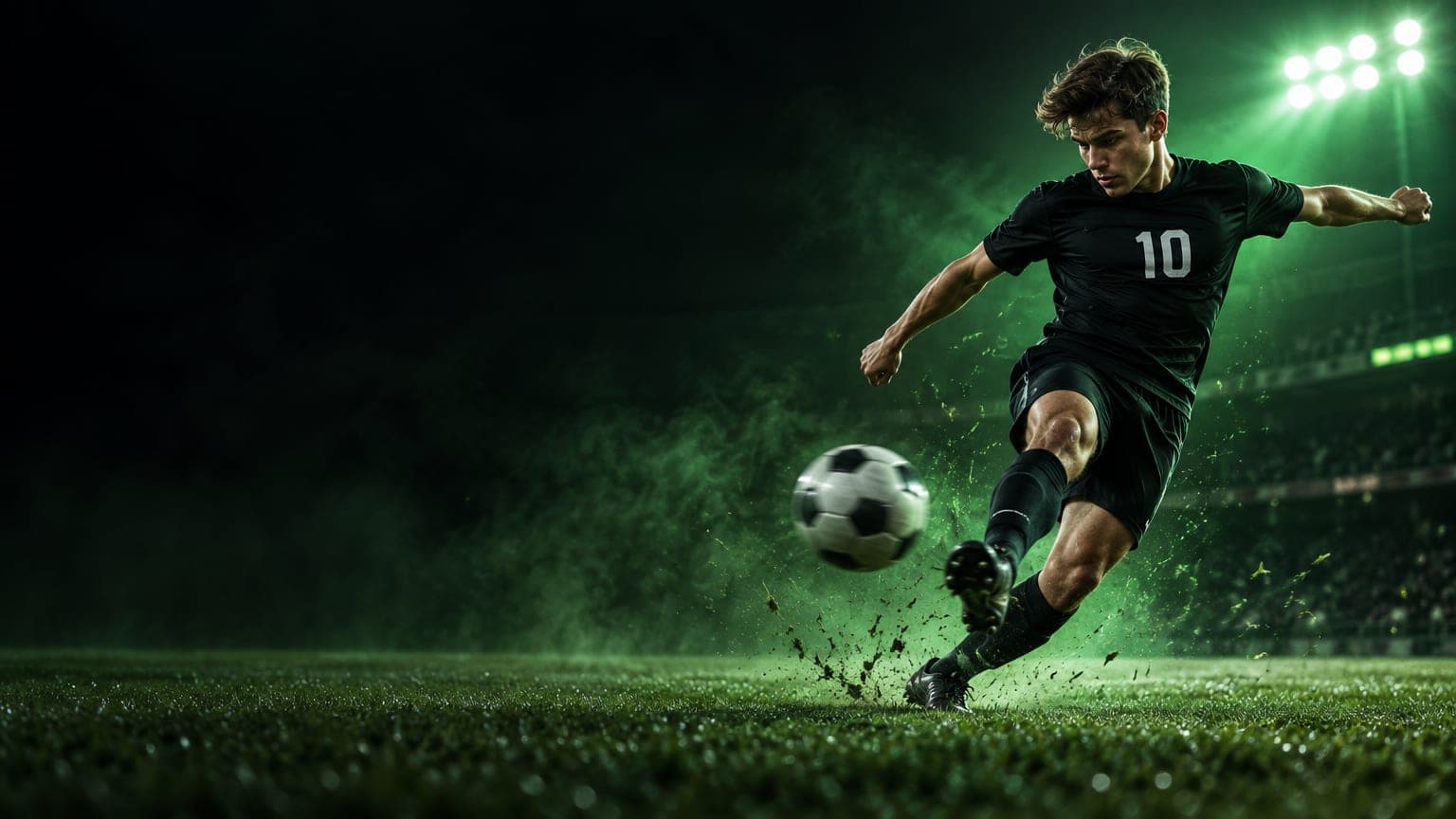 A soccer player striking a volley at night under stadium floodlights