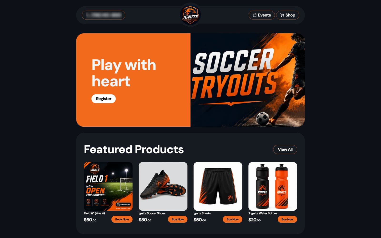 A soccer club’s public RisingMVP page with its logo, a tryouts banner and featured products