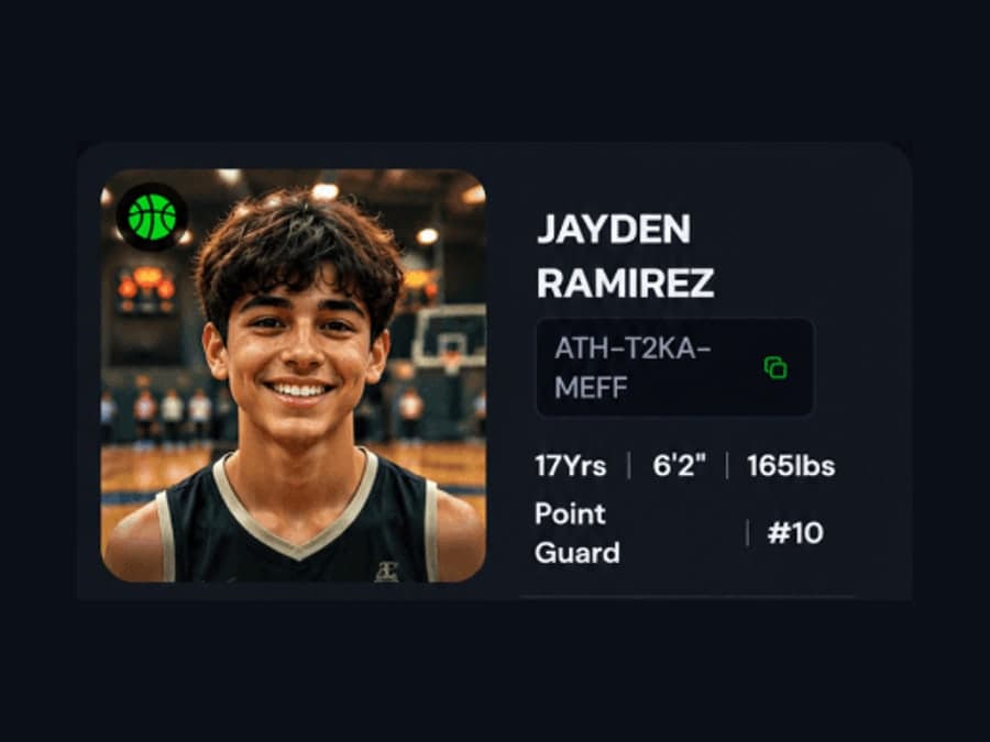 A player profile card in the RisingMVP app with photo, position and jersey number