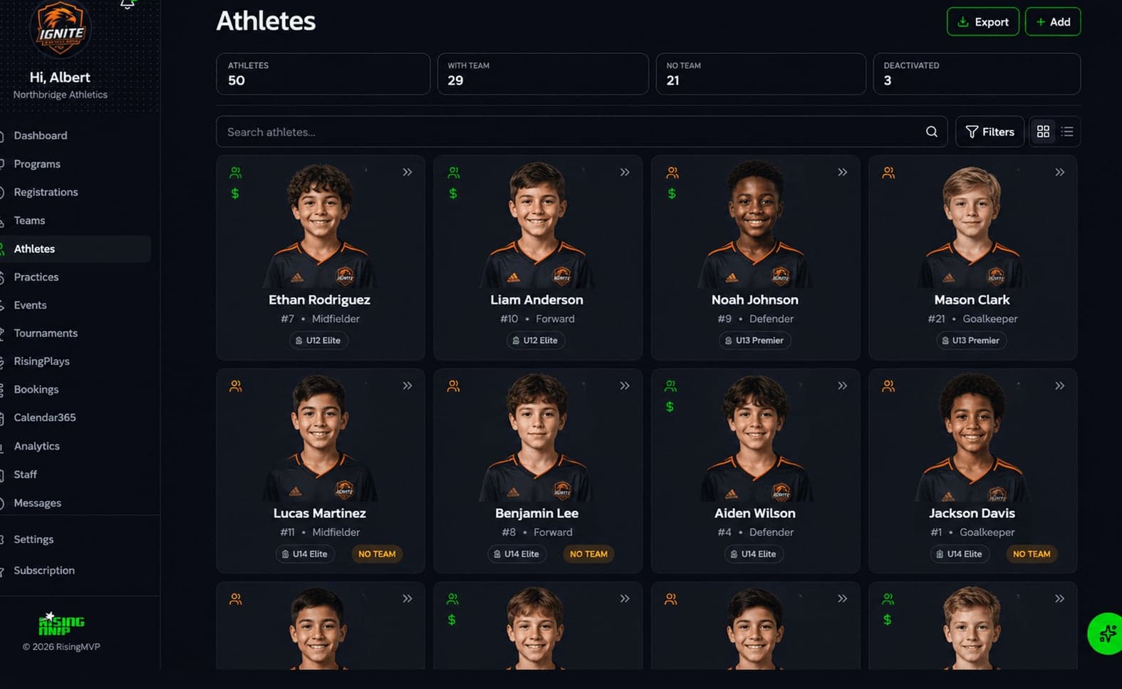 A club’s athlete roster in RisingMVP