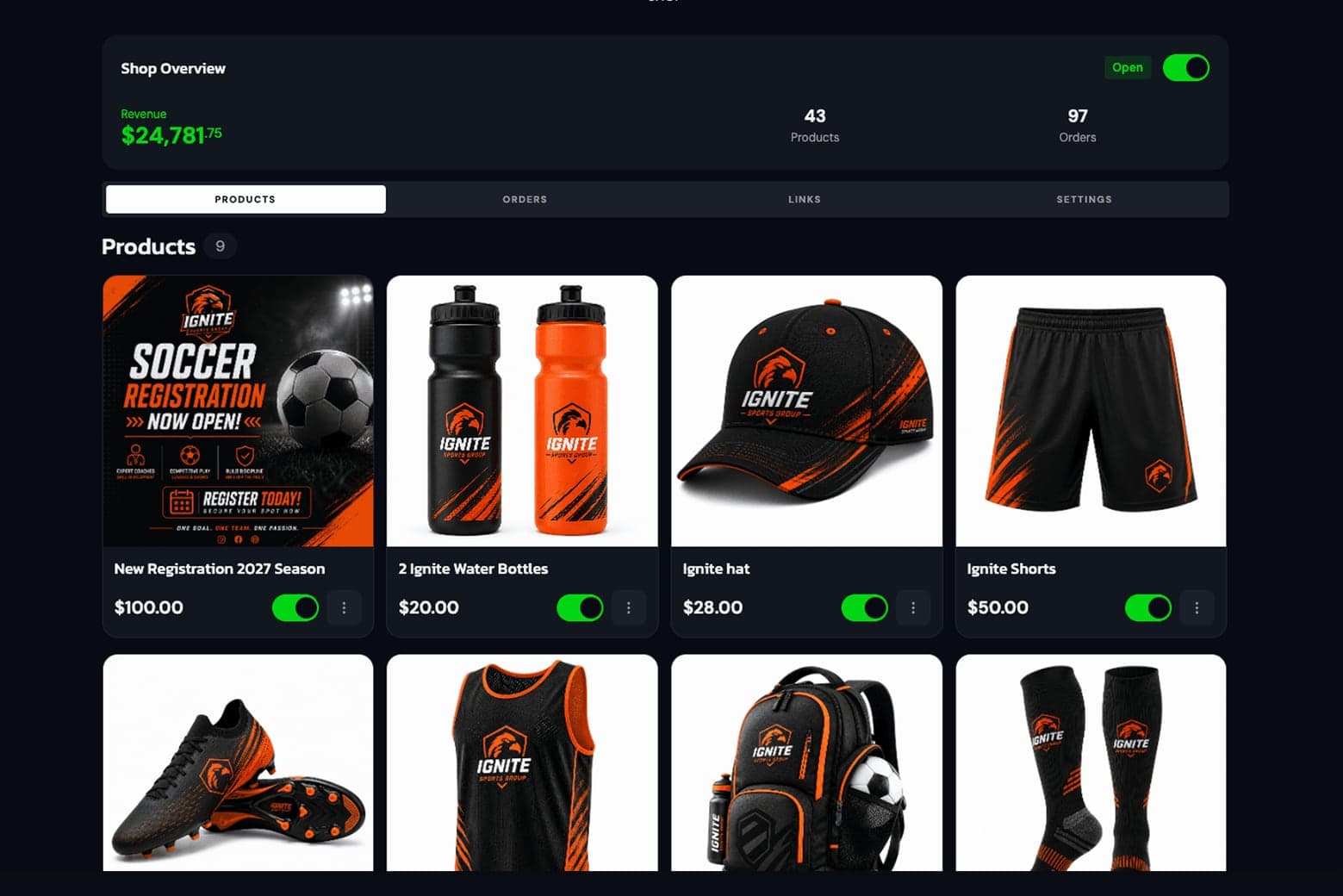A club shop in RisingMVP listing registrations and merchandise