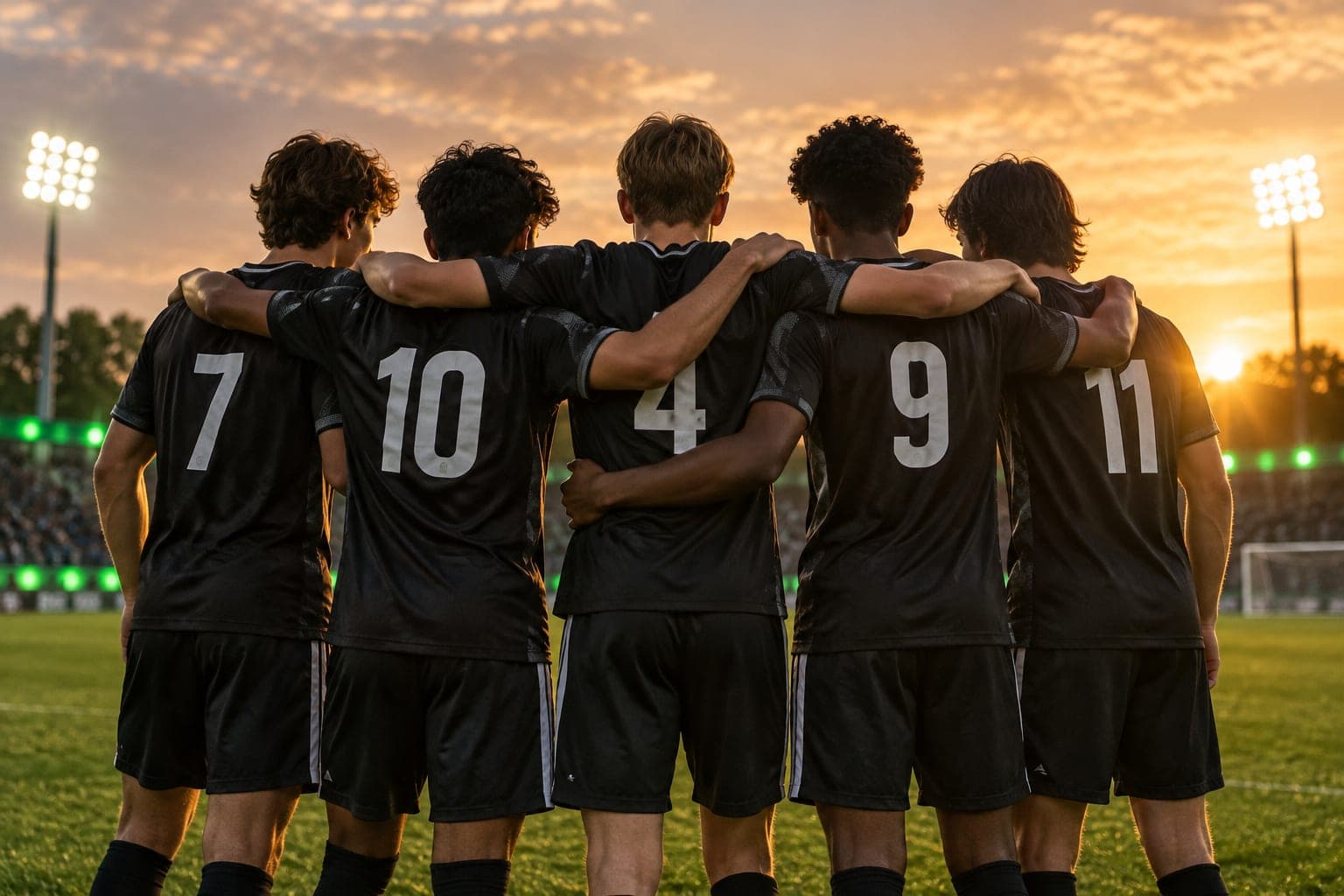 A youth soccer team huddled together on the field, seen from behind