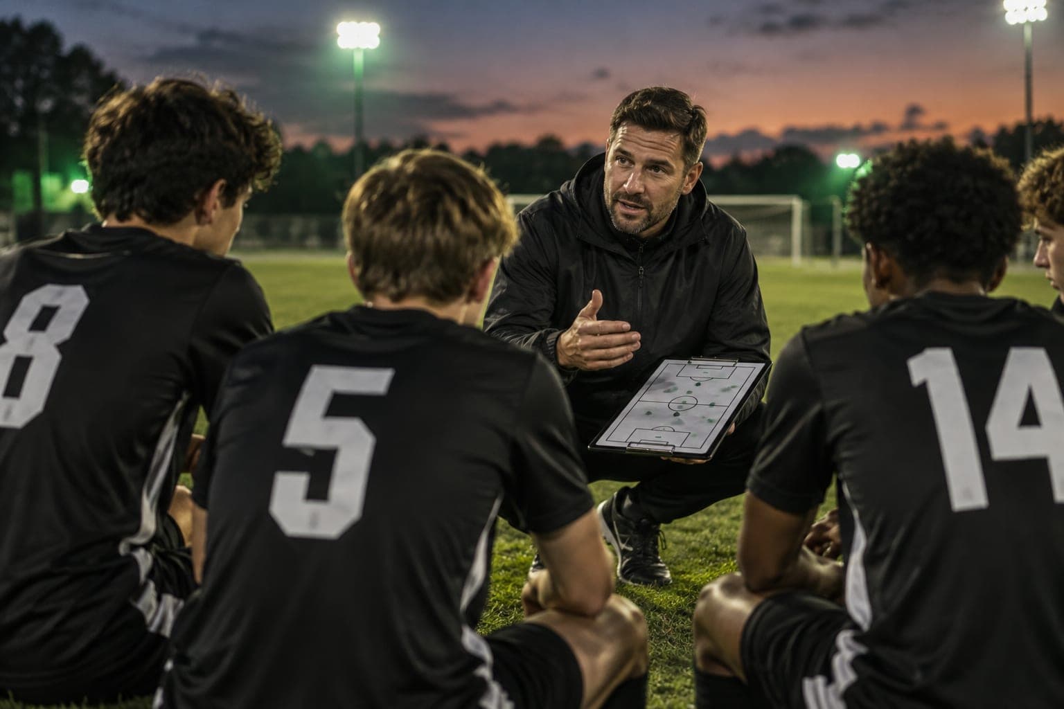 A soccer coach with a tactics board talking to his players on the field at dusk