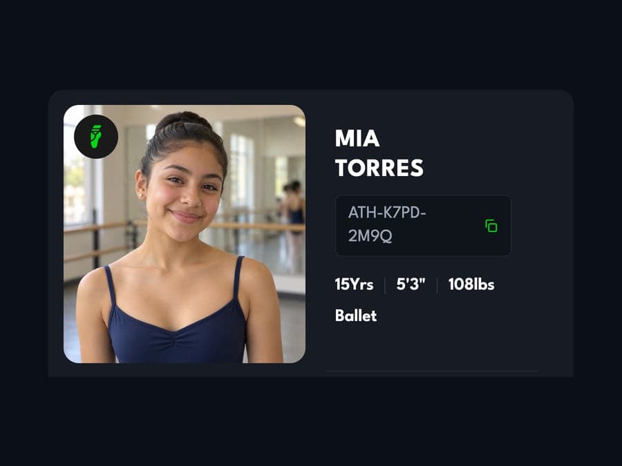 La ficha de una bailarina en la app de RisingMVP con foto, edad y estilo de danza