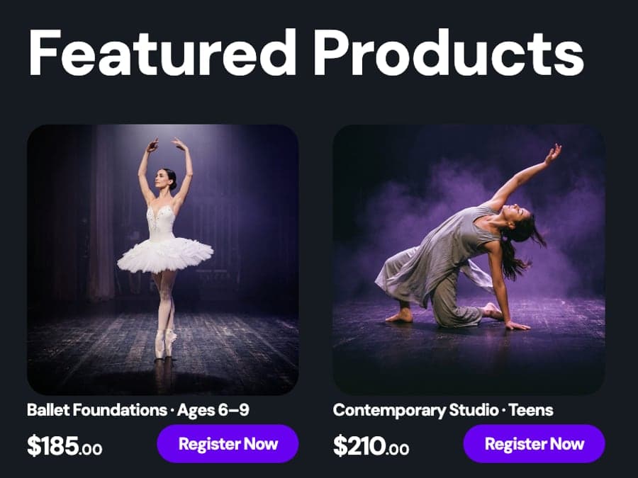 Los programas de un estudio de danza en su página de RisingMVP: ballet, contemporáneo, hip-hop y un equipo de competencia