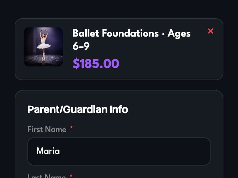Inscripción de una bailarina en un programa de ballet desde el teléfono, con los datos del padre o madre