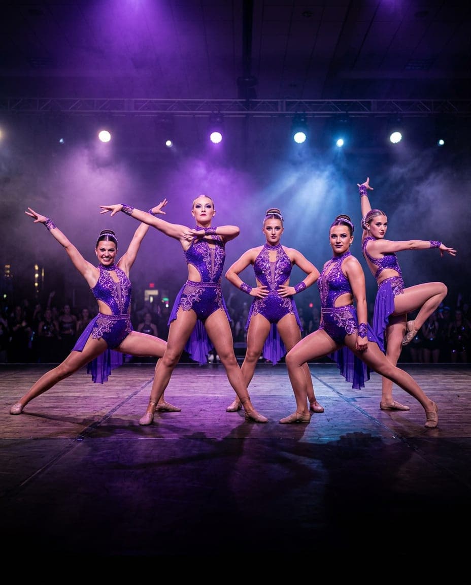 Un equipo de danza competitiva con vestuario a juego en su pose final en el escenario