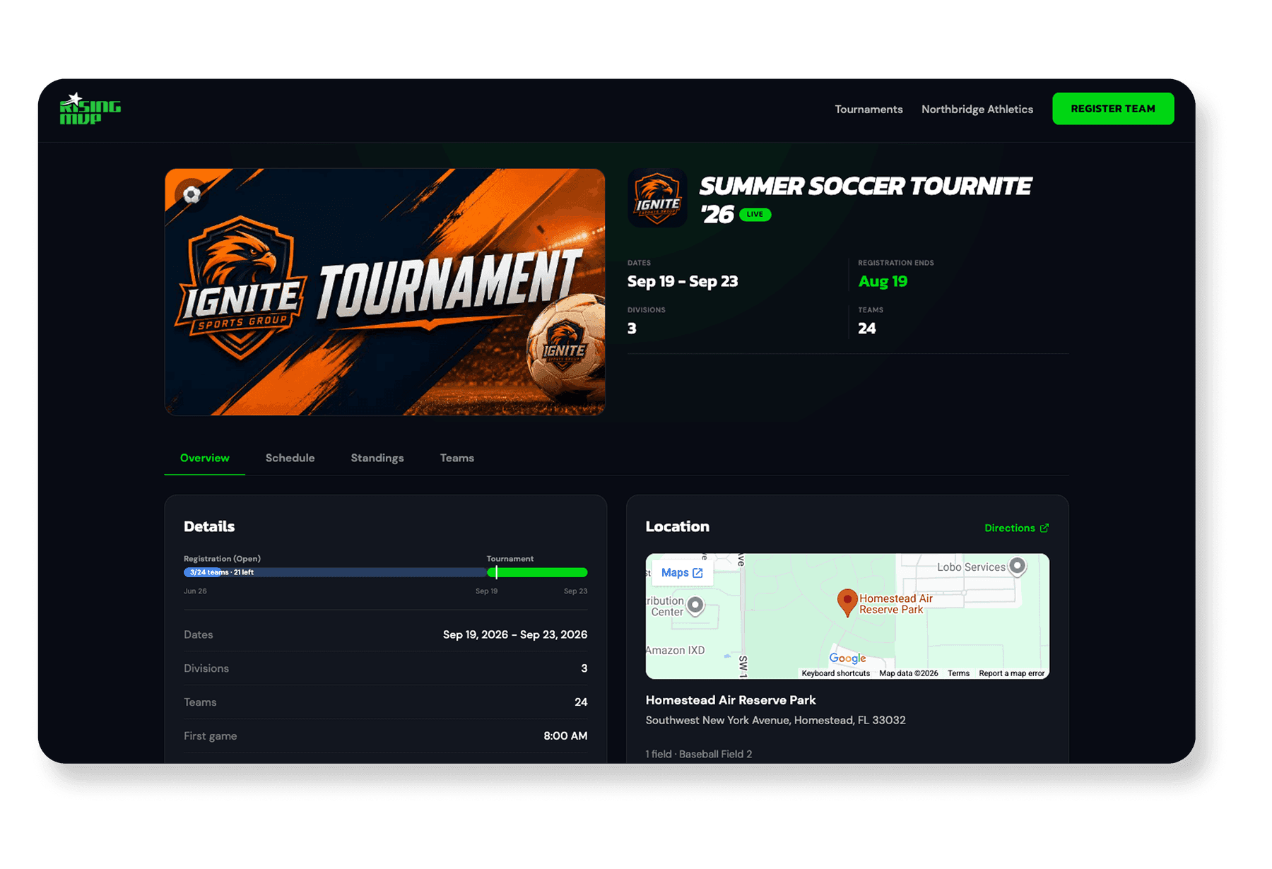 La página pública de un torneo de RisingMVP para el Summer Soccer Tournite ’26, con las fechas, el número de divisiones y equipos, una barra de progreso de inscripción, un mapa de la sede y un botón para inscribir un equipo.